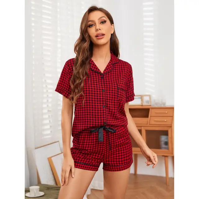 Pajamas Women's Summer Plaid Shirt Short Sleeve Shorts Suit Red - Shop at LoveMi