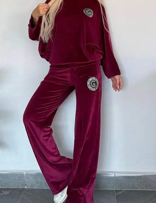 Velvet Solid Color Crew neck Batwing Sleeve Casual Two piece Suit Women's Clothing Wine Red - Shop at LoveMi