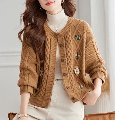 Retro Machine Embroidery Cable knit Sweater Outerwear Shirt Brown - Shop at LoveMi