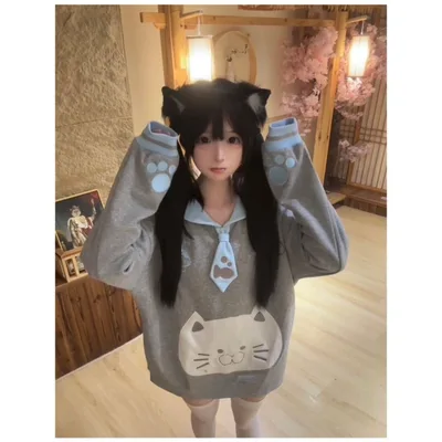 Japanese Cloud Cat Embroidered Cute Navy Collar Long Sleeve Tie Sweater Navy - Shop at LoveMi