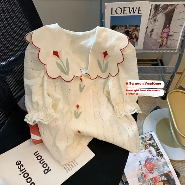 French Style Doll Collar Embroidered Printed Short Sleeve Shirt White - Shop at LoveMi