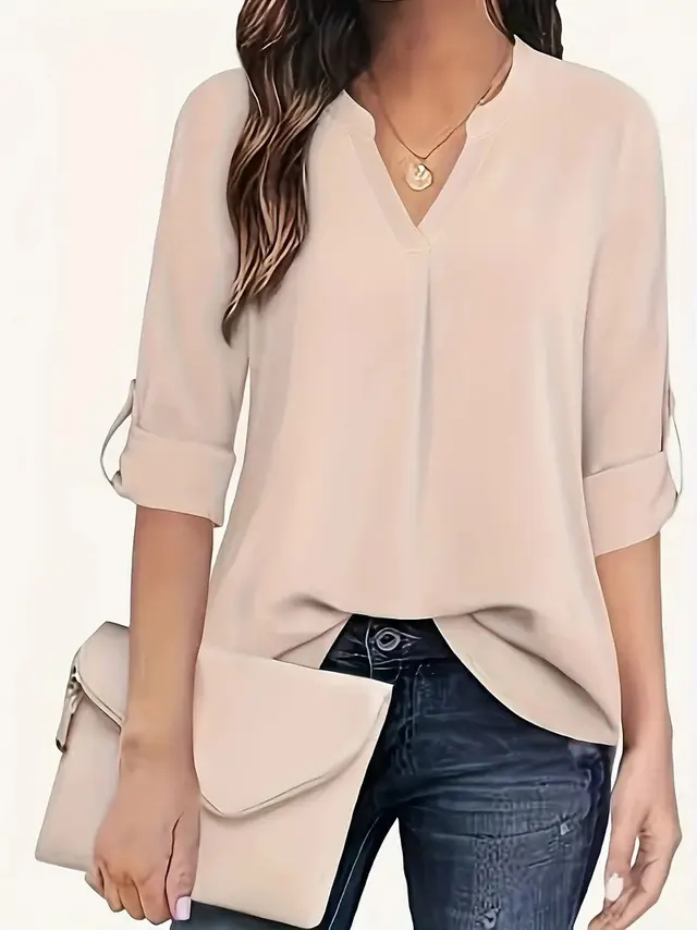 Fashion Personality Ladies V neck Long Sleeve Shirt Apricot - Shop at LoveMi