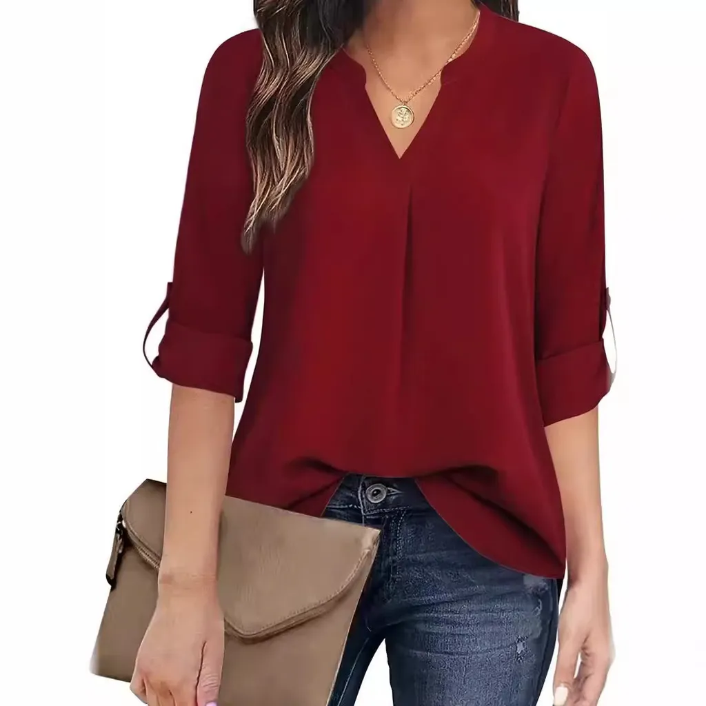 Fashion Personality Ladies V-neck Long Sleeve Shirt - Red
