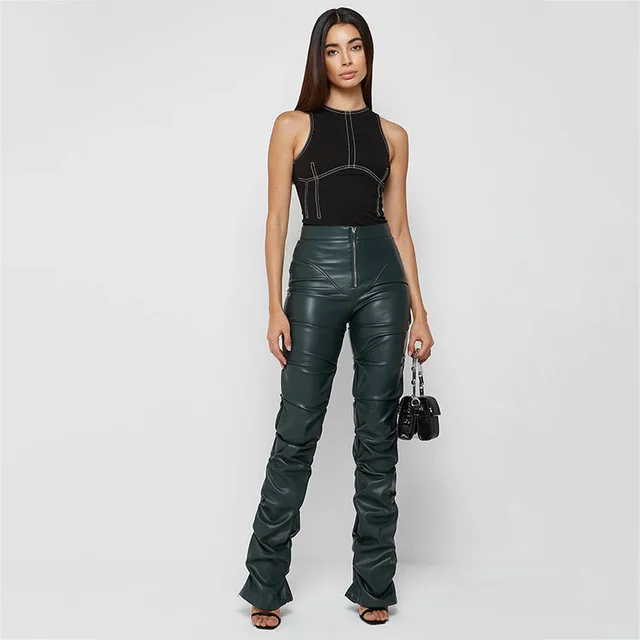 European And American Fashion Tight PU Leather Trousers Personalized Shrinkage Bootcut Trousers Women Dark Green - Shop at LoveMi