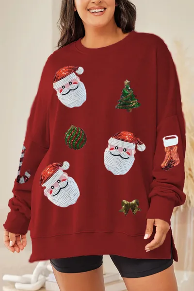 Women's Christmas Sequined Top Loose Casual Long Sleeves Sweater Red - Shop at LoveMi