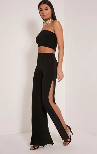 Women's Large Slit Straight-leg Trousers Pants - Black