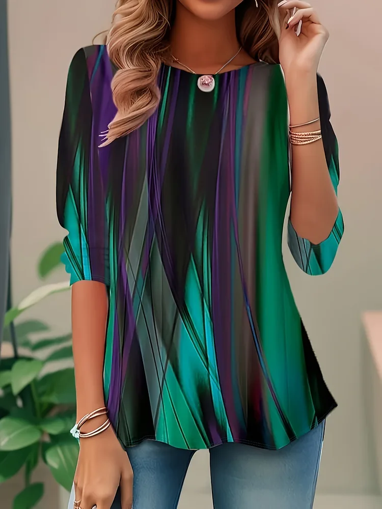 Women's Clothing Digital Printed Round Neck Loose Long Sleeve Top - Green - View 1
