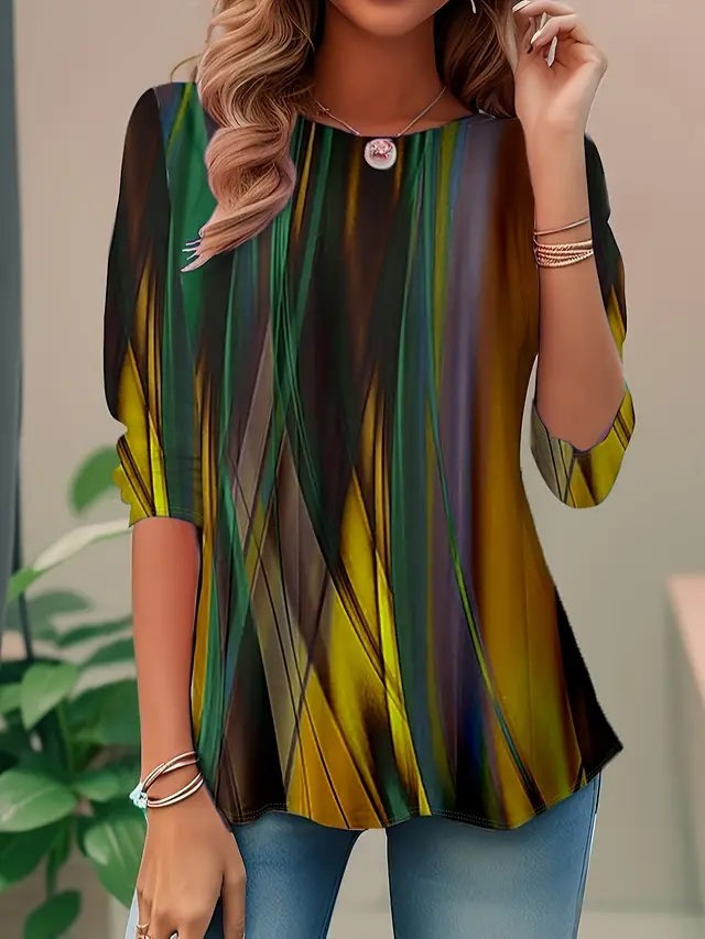 Women's Clothing Digital Printed Round Neck Loose Long Sleeve Top Yellow - Shop at LoveMi