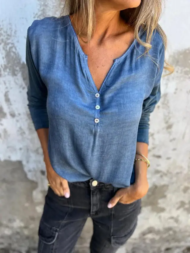 European And American Leisure V neck Solid Color Long sleeved Top Dark Blue - Shop at LoveMi