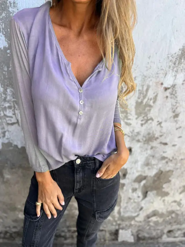 European And American Leisure V neck Solid Color Long sleeved Top Lavender Purple - Shop at LoveMi