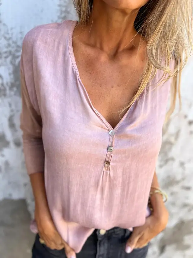 European And American Leisure V neck Solid Color Long sleeved Top Pink - Shop at LoveMi