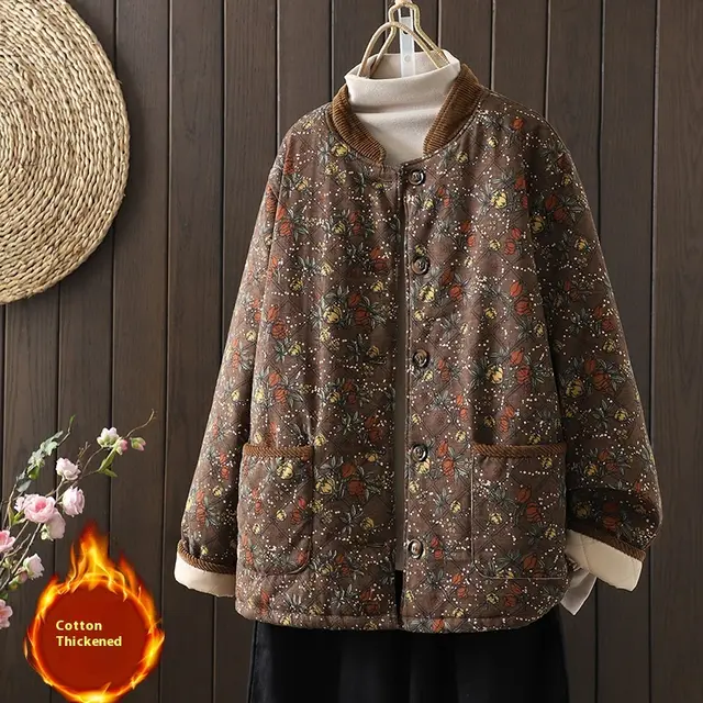Women's Warm Thick Loose Cotton padded Clothes Retro Stand Collar Brown - Shop at LoveMi