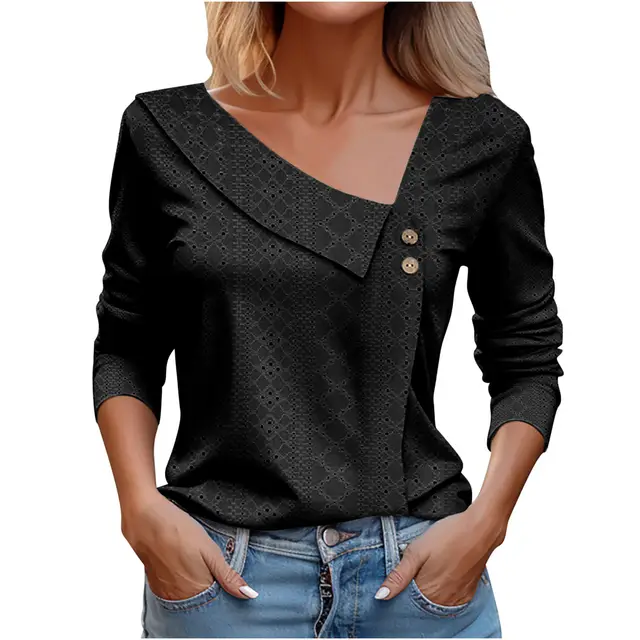 European American Summer New Solid Color And V neck Button Long sleeved T shirt Top For Women Black - Shop at LoveMi