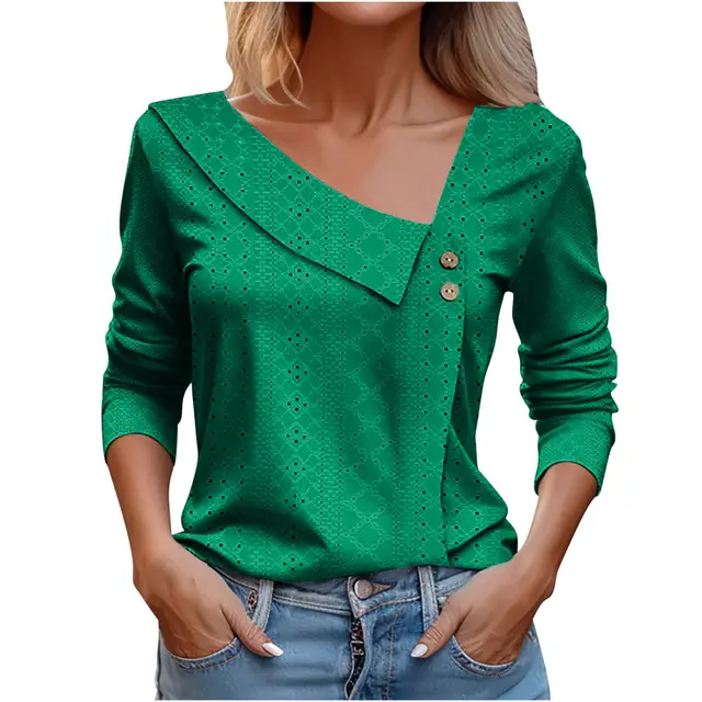European American Summer New Solid Color And V neck Button Long sleeved T shirt Top For Women Green - Shop at LoveMi
