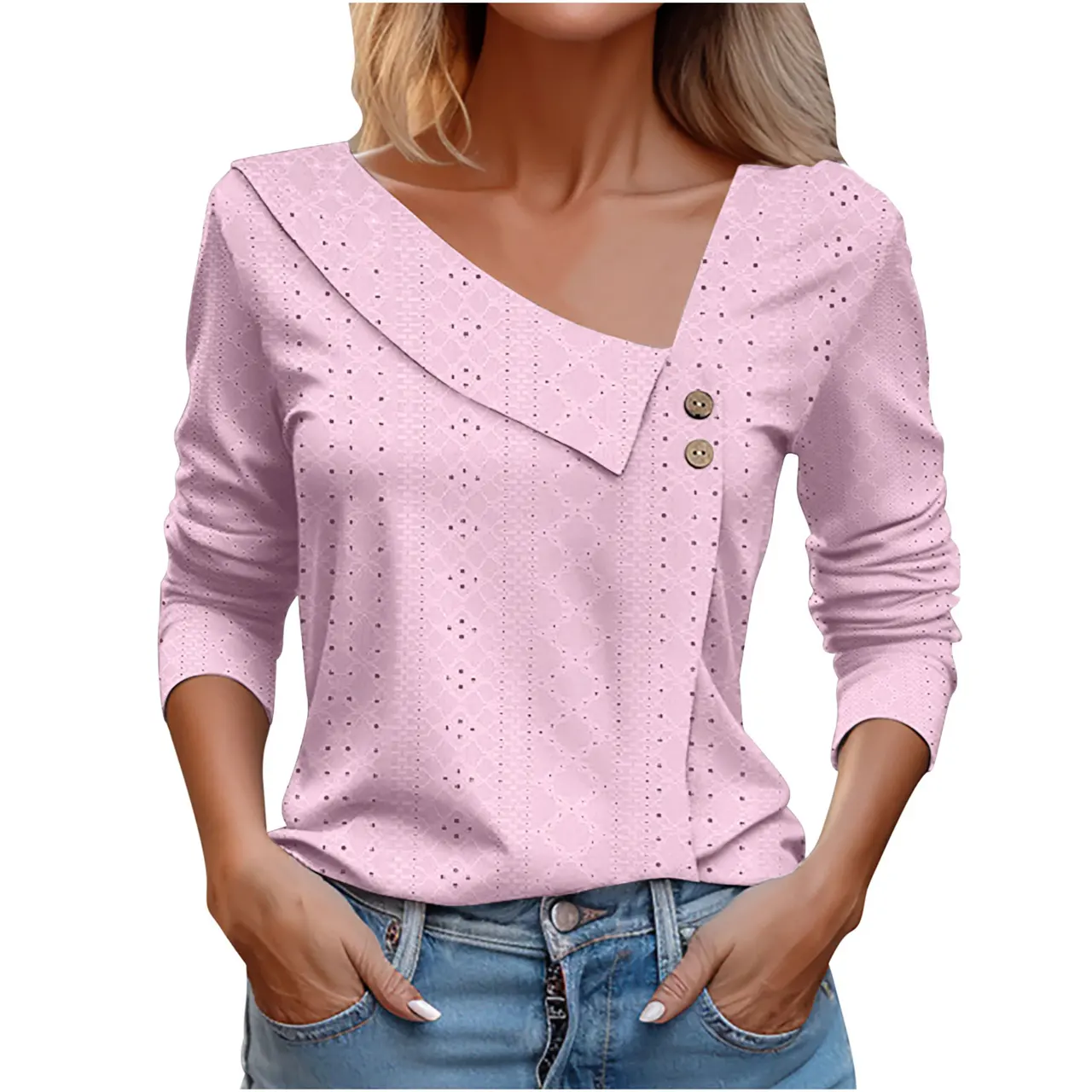 European American Summer New Solid Color And V-neck Button Long-sleeved T-shirt Top For Women - Pink