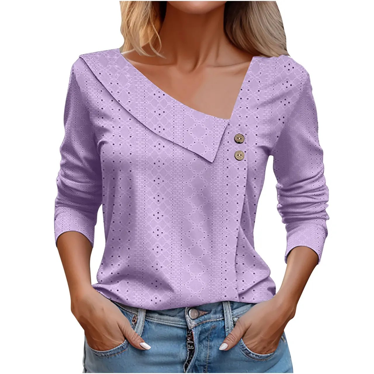 European American Summer New Solid Color And V-neck Button Long-sleeved T-shirt Top For Women - Purple