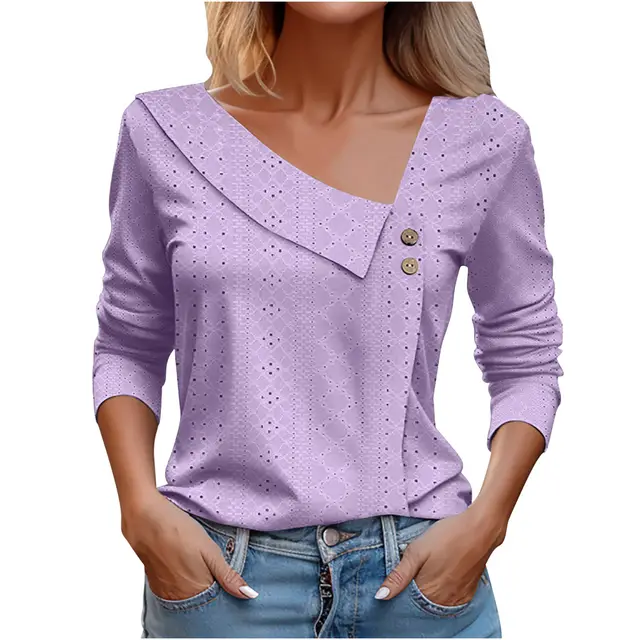 European American Summer New Solid Color And V neck Button Long sleeved T shirt Top For Women Purple - Shop at LoveMi