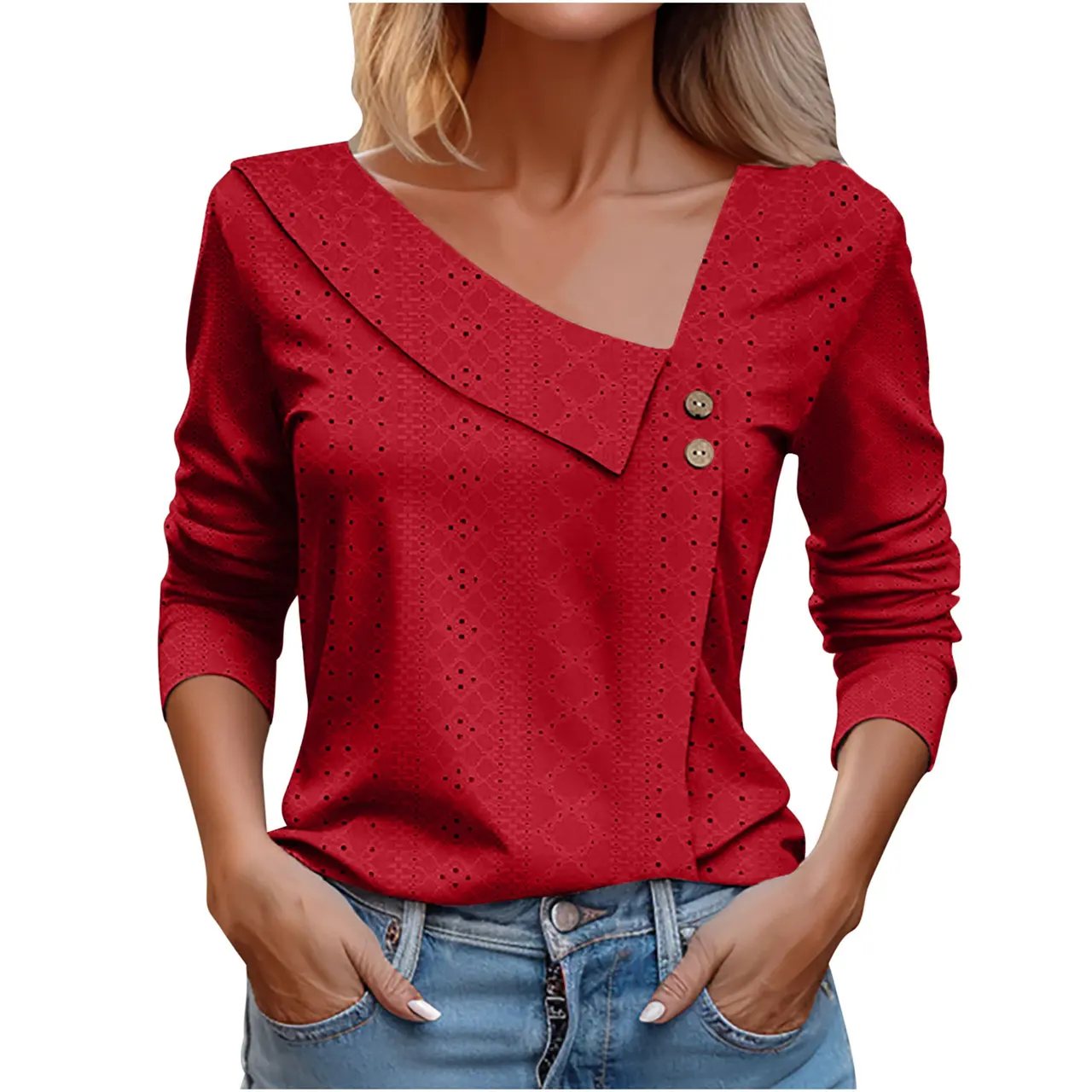 European American Summer New Solid Color And V-neck Button Long-sleeved T-shirt Top For Women - Red