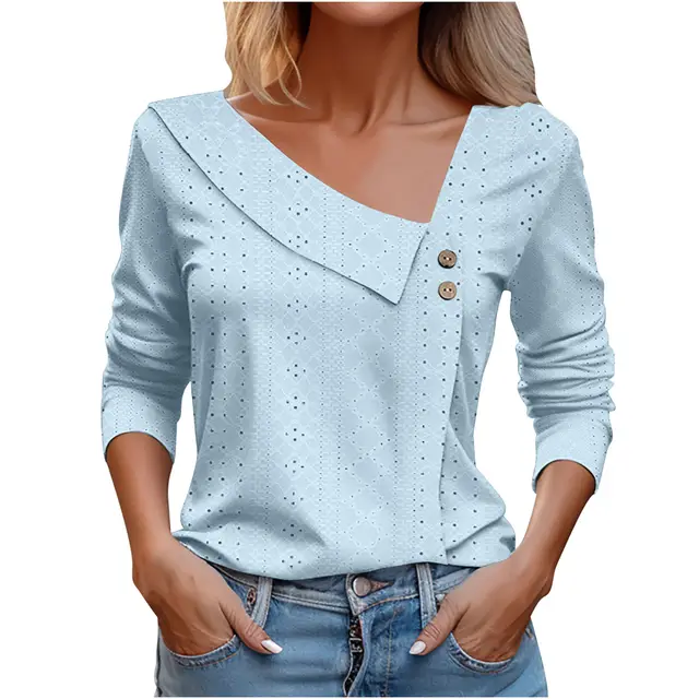 European American Summer New Solid Color And V neck Button Long sleeved T shirt Top For Women Sky Blue - Shop at LoveMi