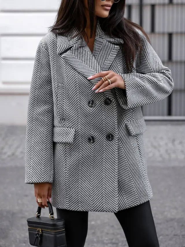 Winter Fashion Striped Print Temperament Loose Woolen Coat Women Black And White Stripes - Shop at LoveMi