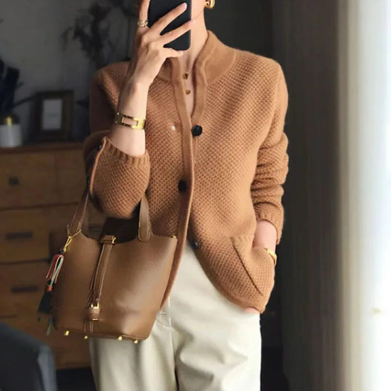 New Autumn Knitted Cardigan Stand Collar Loose Coat - Amber - View 1