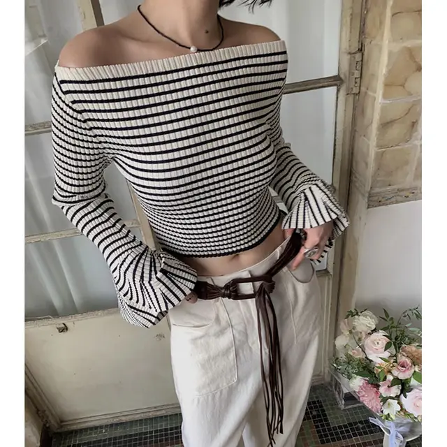 Three dimensional Pit Striped Off the neck Design Sweater Irregular Bell Sleeve Short Waist controlled Top - Shop at LoveMi