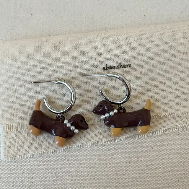 Cartoon Sausage Dog Necklace Ear Stud Ring 6Style Earrings - Shop at LoveMi