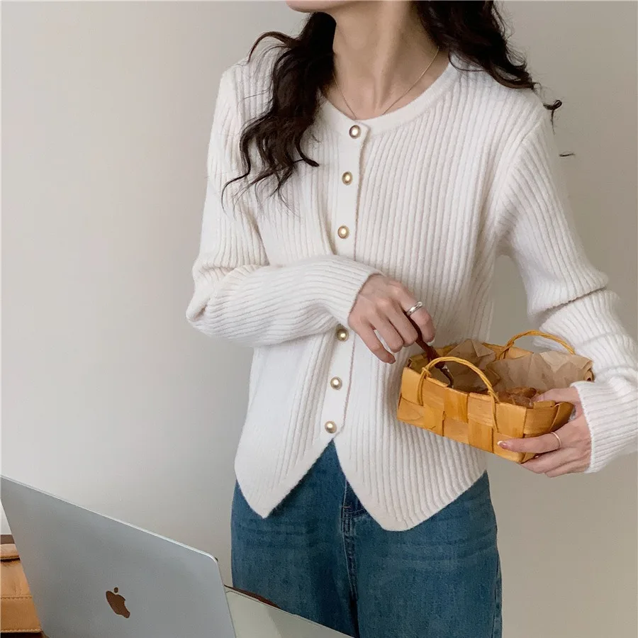 Irregular Crew Neck Knitted Cardigan Slim fit Sweater Coat Beige - Shop at LoveMi