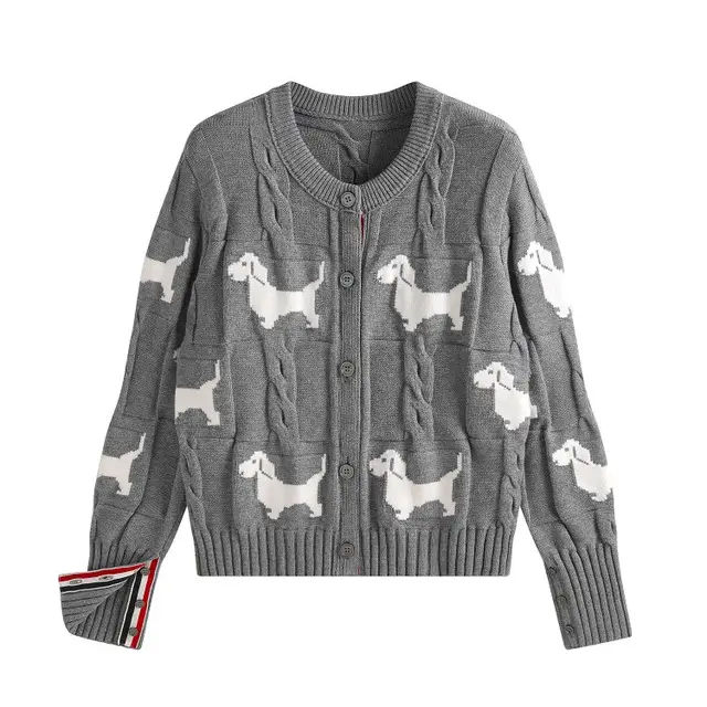 Design Dog Jacquard Twist Lazy Round Neck Knitted Cardigan Gray - Shop at LoveMi