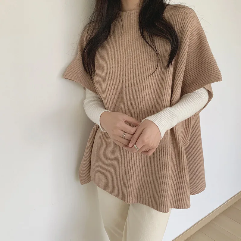 Elegant Lightly Mature Loose Slimming Cape Cloak Sweater Camel - Shop at LoveMi
