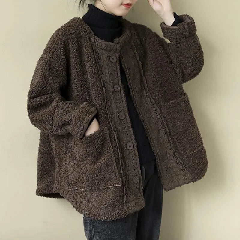 Artistic Retro Loose Long Sleeve Warm Coat Lambswool Coffee - Shop at LoveMi