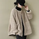 Artistic Retro Loose Long Sleeve Warm Coat Lambswool - Khaki