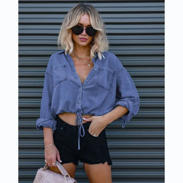 Fashion Casual Versatile Double Pocket Loose Shirt Dark Blue - Shop at LoveMi