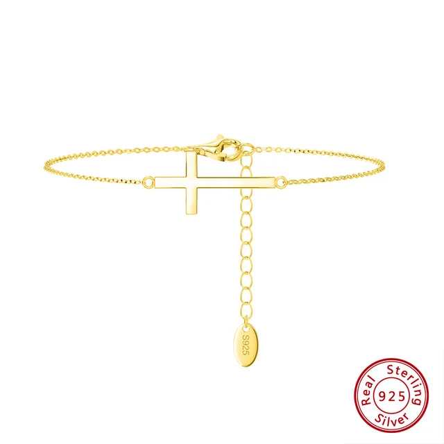 S925 Sterling Silver Glossy Cross Bracelet Korean Style 14K Gold - Shop at LoveMi