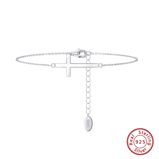 S925 Sterling Silver Glossy Cross Bracelet Korean Style Platinum - Shop at LoveMi