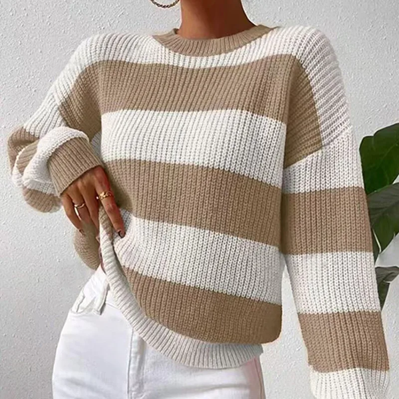 Women's Striped Sweater Loose Long Sleeve Pullover Coffee - Shop at LoveMi