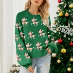 Women's Deer Jacquard Red Christmas Sweater - Green Christmas Sweater