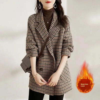 Suit Collar Houndstooth Woolen Coat Woman Quilted M - Shop at LoveMi