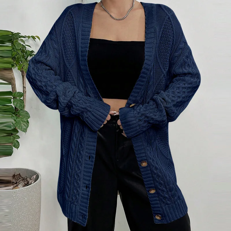 Sweater Coat Loose Twisted V neck Navy - Shop at LoveMi