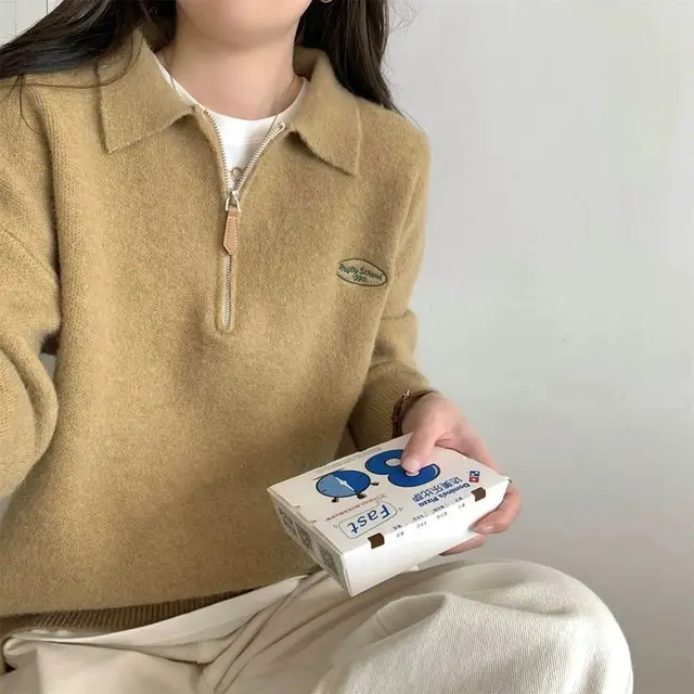 Korean Style Simple Polo Collar Zipper Inner Knitted Sweater Khaki - Shop at LoveMi