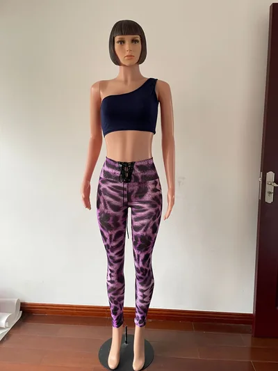 High Waist Lace up Belly Contracting And Close fitting Leggings Purple Leopard Print - Shop at LoveMi