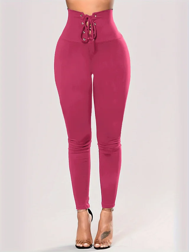 High Waist Lace up Belly Contracting And Close fitting Leggings Rose Red - Shop at LoveMi
