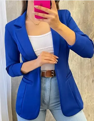 Solid Color Minimalist Long Sleeve Blazer Collar Coat - Blue
