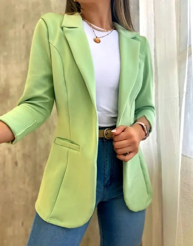 Solid Color Minimalist Long Sleeve Blazer Collar Coat Light Green - Shop at LoveMi