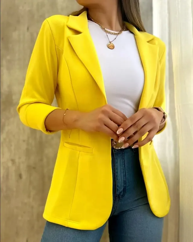 Solid Color Minimalist Long Sleeve Blazer Collar Coat Yellow - Shop at LoveMi