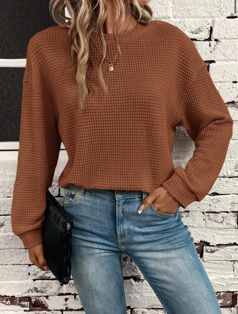 Women's Wear Round Neck Knitted Loose Long Sleeve Pullover Top Brown - Shop at LoveMi