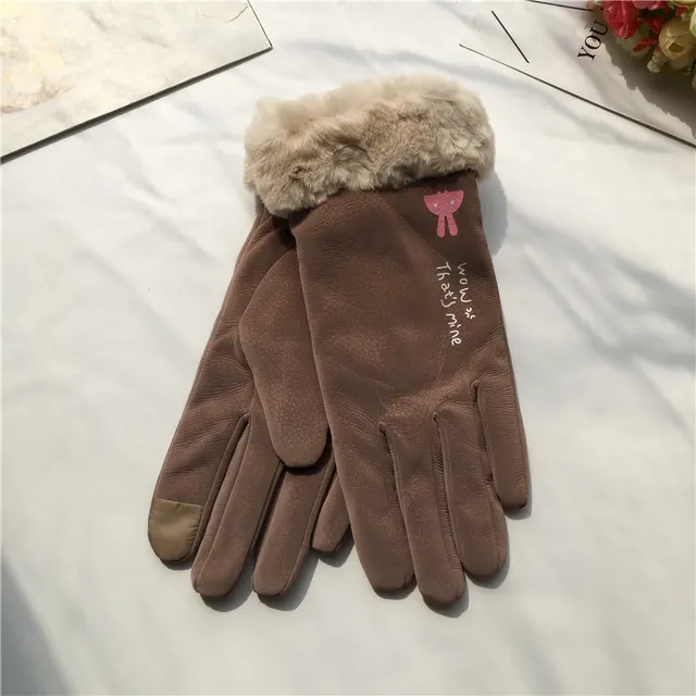 Autumn And Winter Women's Riding Gloves Korean Style Alphabet Cartoon Warm Double Layer Fleece lined Khaki - Shop at LoveMi