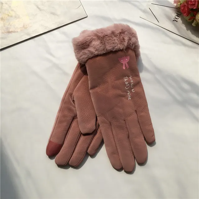 Autumn And Winter Women's Riding Gloves Korean Style Alphabet Cartoon Warm Double Layer Fleece lined Pink - Shop at LoveMi