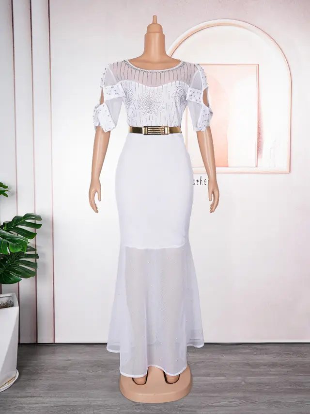 Women's Heavy Embroidered Hot Diamond Beads Night Banquet Light Luxury Evening Dress Fishtail Skirt White - Shop at LoveMi