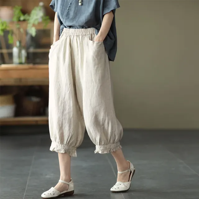 Sweet Artistic Lace Solid Color Women's Cropped Pants Apricot - Shop at LoveMi